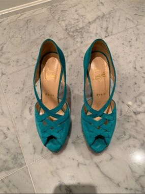 Christian Louboutin Teal Suede Peep-Toe High Heels